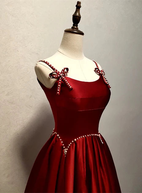 Burgundy Satin A-Line Scoop Neck Lace-Up Back Floor-Length Dress - Aabei Dress
