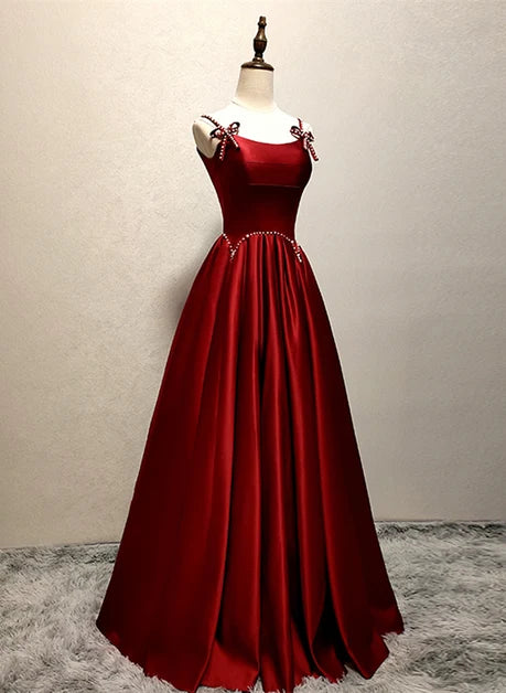 Burgundy Satin A-Line Scoop Neck Lace-Up Back Floor-Length Dress - Aabei Dress