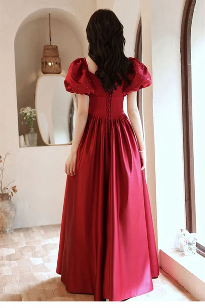 Burgundy Satin A-Line Square Neck Lace-up Floor-Length Dress Back View - Aabei Dress