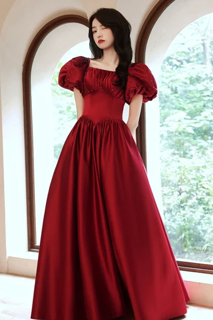 Burgundy Satin A-Line Square Neck Lace-up Floor-Length Dress Front View - Aabei Dress