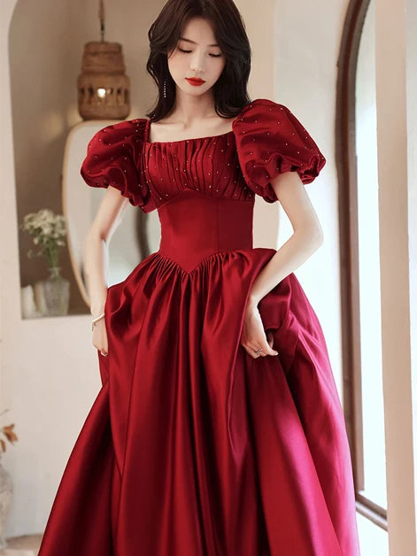Burgundy Satin A-Line Square Neck Lace-up Floor-Length Dress - Aabei Dress