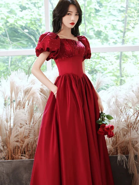 Burgundy Satin A-Line Square Neck Lace-up Floor-Length Dress - Aabei Dress