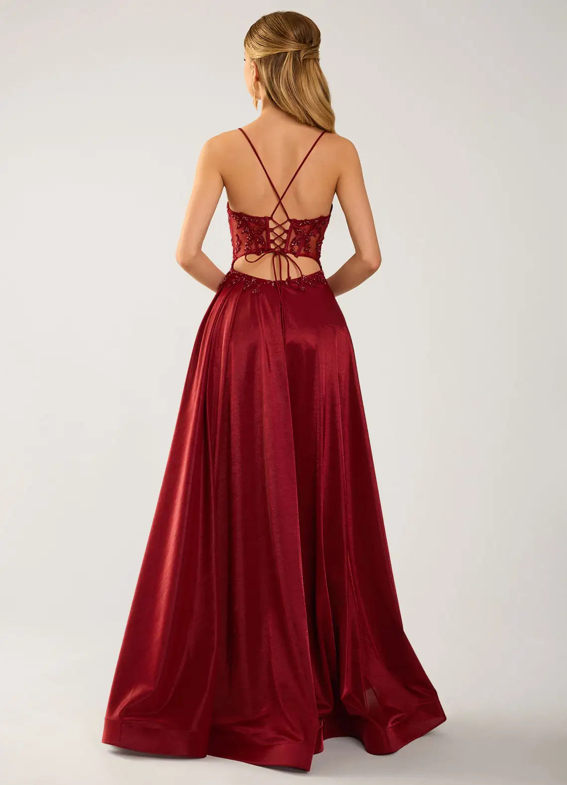 Burgundy Satin A-Line Sweetheart Lace-Up Back Floor-Length Dress Back View - Aabei Dress