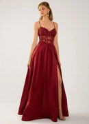 Burgundy Satin A-Line Sweetheart Lace-Up Back Floor-Length Dress Front View - Aabei Dress