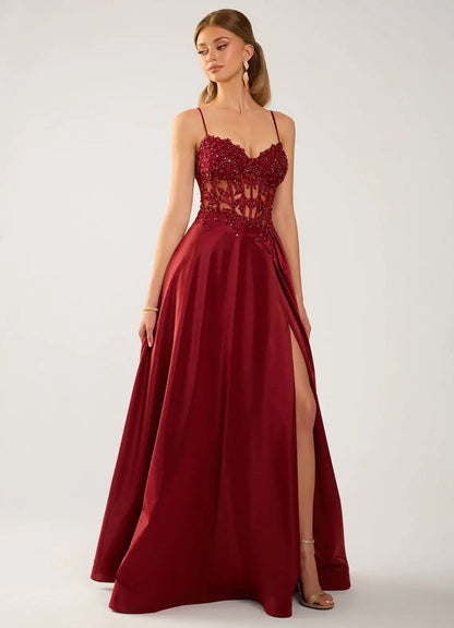 Burgundy Satin A-Line Sweetheart Lace-Up Back Floor-Length Dress Front View - Aabei Dress