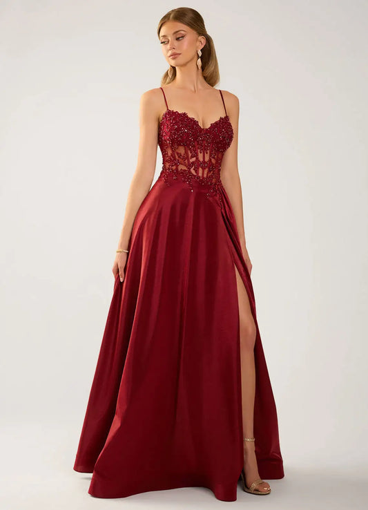 Burgundy Satin A-Line Sweetheart Lace-Up Back Floor-Length Dress Front View - Aabei Dress