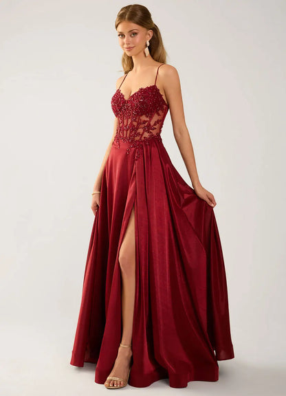 Burgundy Satin A-Line Sweetheart Lace-Up Back Floor-Length Dress - Aabei Dress