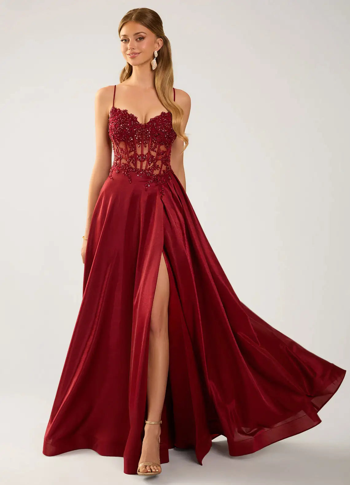 Burgundy Satin A-Line Sweetheart Lace-Up Back Floor-Length Dress - Aabei Dress