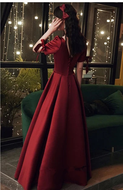 Burgundy Satin A-Line V-Neck Lace-up Floor-Length Dress Back View - Aabei Dress