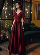 Burgundy Satin A-Line V-Neck Lace-up Floor-Length Dress Front View - Aabei Dress
