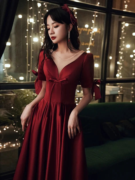 Burgundy Satin A-Line V-Neck Lace-up Floor-Length Dress - Aabei Dress