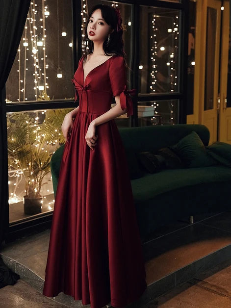 Burgundy Satin A-Line V-Neck Lace-up Floor-Length Dress - Aabei Dress