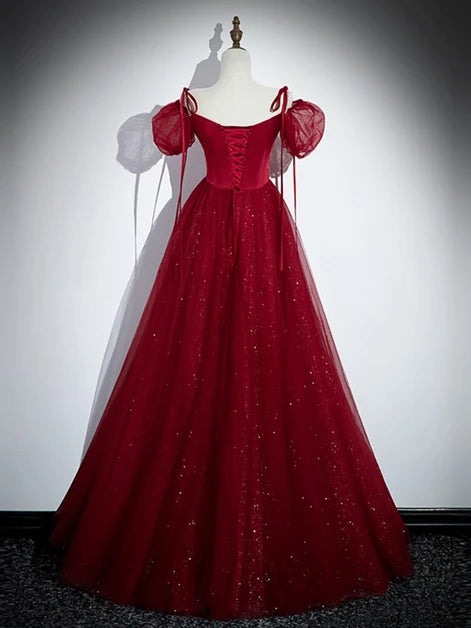 Burgundy Satin and Glitter Tulle A-Line Square Neck Floor-Length Dress Back View - Aabei Dress