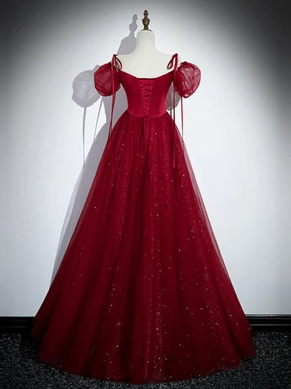 Burgundy Satin and Glitter Tulle A-Line Square Neck Floor-Length Dress Back View - Aabei Dress