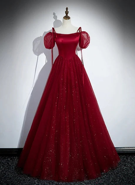 Burgundy Satin and Glitter Tulle A-Line Square Neck Floor-Length Dress Front View - Aabei Dress