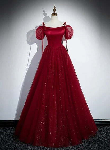 Burgundy Satin and Glitter Tulle A-Line Square Neck Floor-Length Dress Front View - Aabei Dress