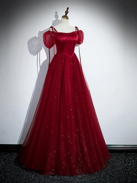 Burgundy Satin and Glitter Tulle A-Line Square Neck Floor-Length Dress - Aabei Dress