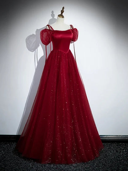 Burgundy Satin and Glitter Tulle A-Line Square Neck Floor-Length Dress - Aabei Dress
