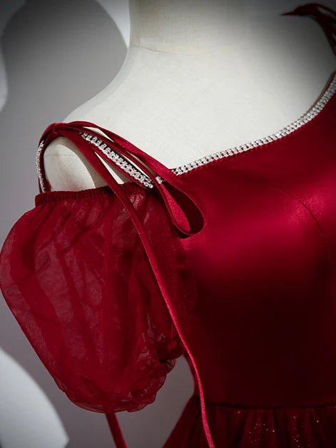 Burgundy Satin and Glitter Tulle A-Line Square Neck Floor-Length Dress - Aabei Dress