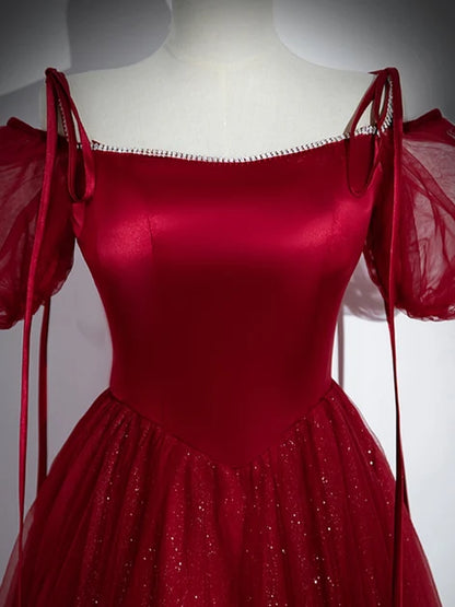 Burgundy Satin and Glitter Tulle A-Line Square Neck Floor-Length Dress - Aabei Dress