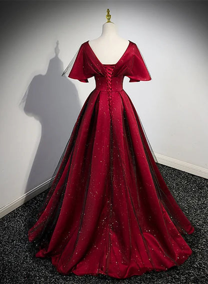 Burgundy Satin and Glitter Tulle A-Line V-Neck Lace-up Floor-Length Dress Back View - Aabei Dress