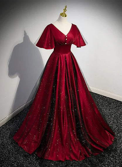 Burgundy Satin and Glitter Tulle A-Line V-Neck Lace-up Floor-Length Dress Front View - Aabei Dress
