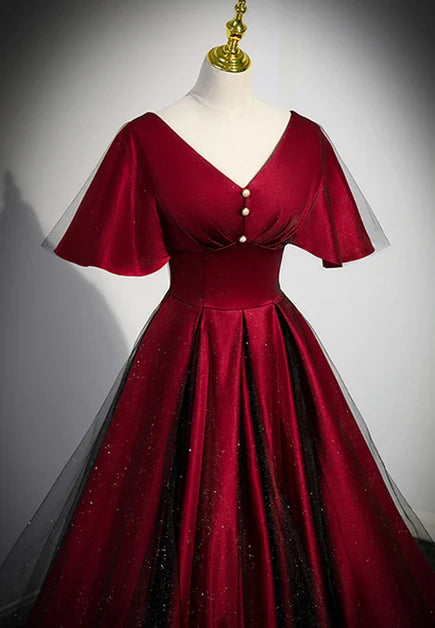 Burgundy Satin and Glitter Tulle A-Line V-Neck Lace-up Floor-Length Dress - Aabei Dress