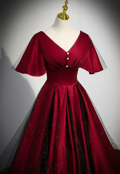 Burgundy Satin and Glitter Tulle A-Line V-Neck Lace-up Floor-Length Dress - Aabei Dress