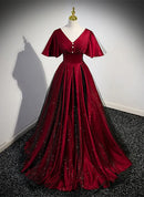 Burgundy Satin and Glitter Tulle A-Line V-Neck Lace-up Floor-Length Dress - Aabei Dress