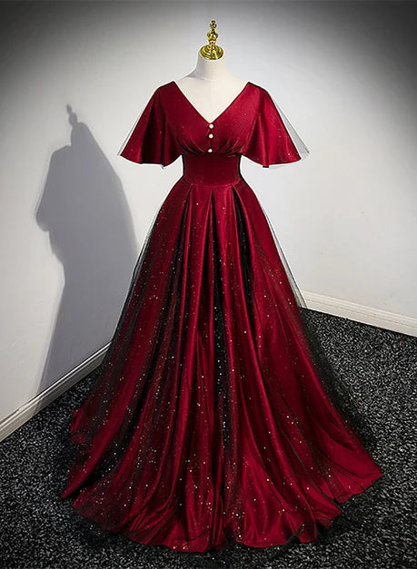 Burgundy Satin and Glitter Tulle A-Line V-Neck Lace-up Floor-Length Dress - Aabei Dress
