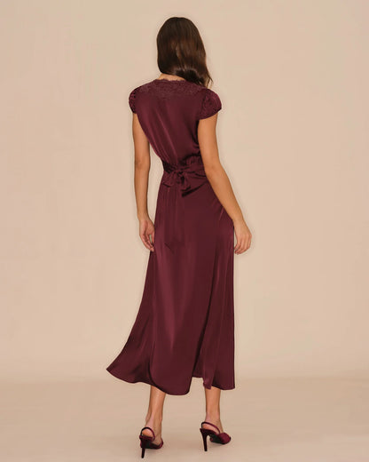 Burgundy Satin and Lace A-line V-neck V-back with Tie Midi Dress Back View - Aabei Dress