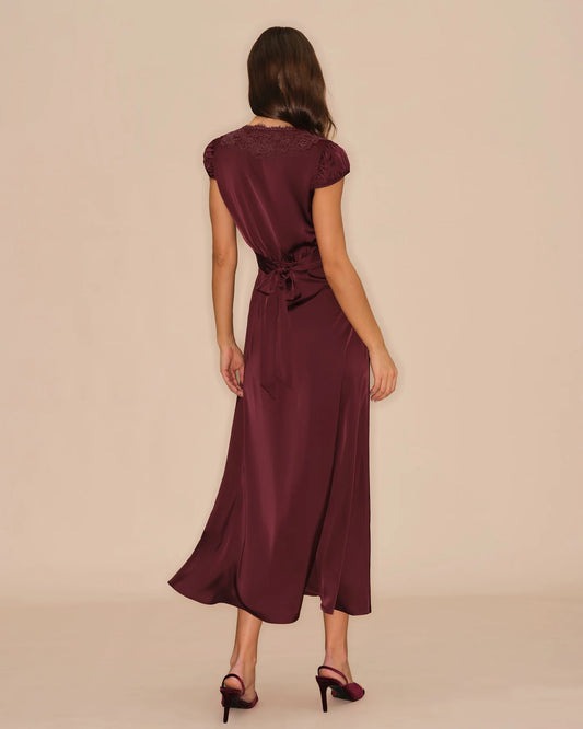 Burgundy Satin and Lace A-line V-neck V-back with Tie Midi Dress Back View - Aabei Dress
