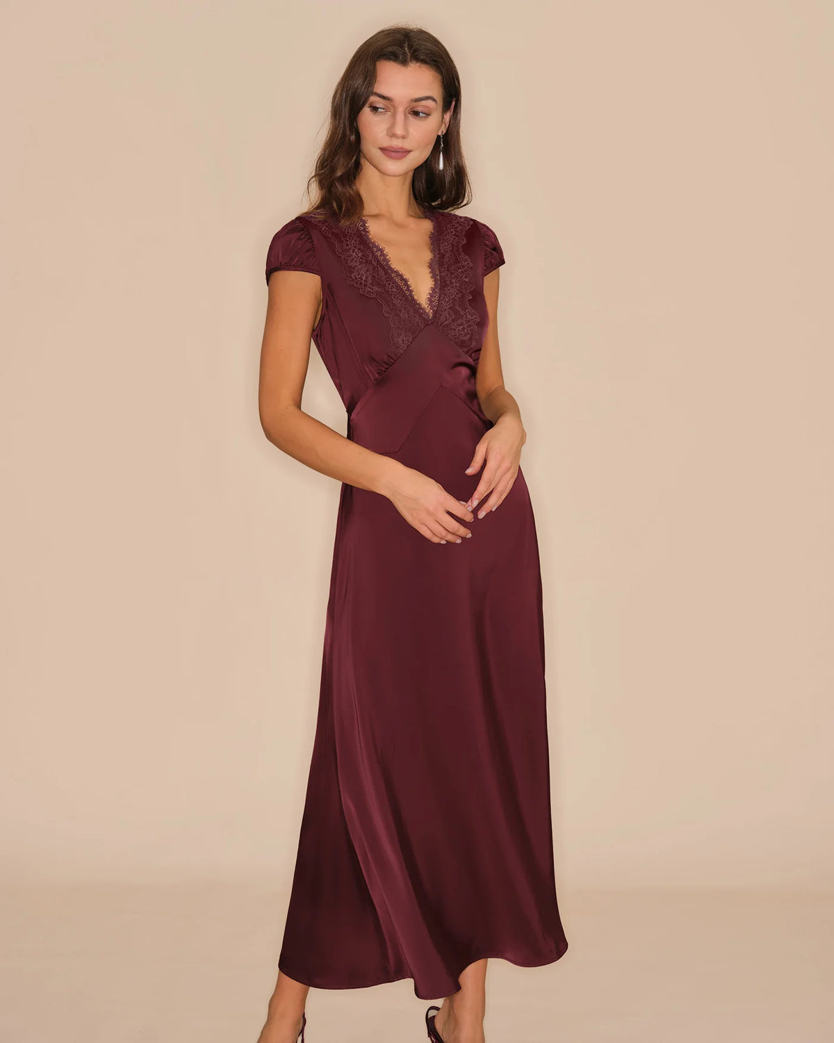 Burgundy Satin and Lace A-line V-neck V-back with Tie Midi Dress Front View - Aabei Dress