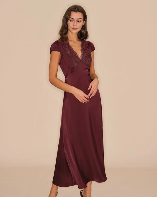Burgundy Satin and Lace A-line V-neck V-back with Tie Midi Dress Front View - Aabei Dress