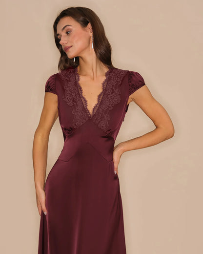 Burgundy Satin and Lace A-line V-neck V-back with Tie Midi Dress - Aabei Dress