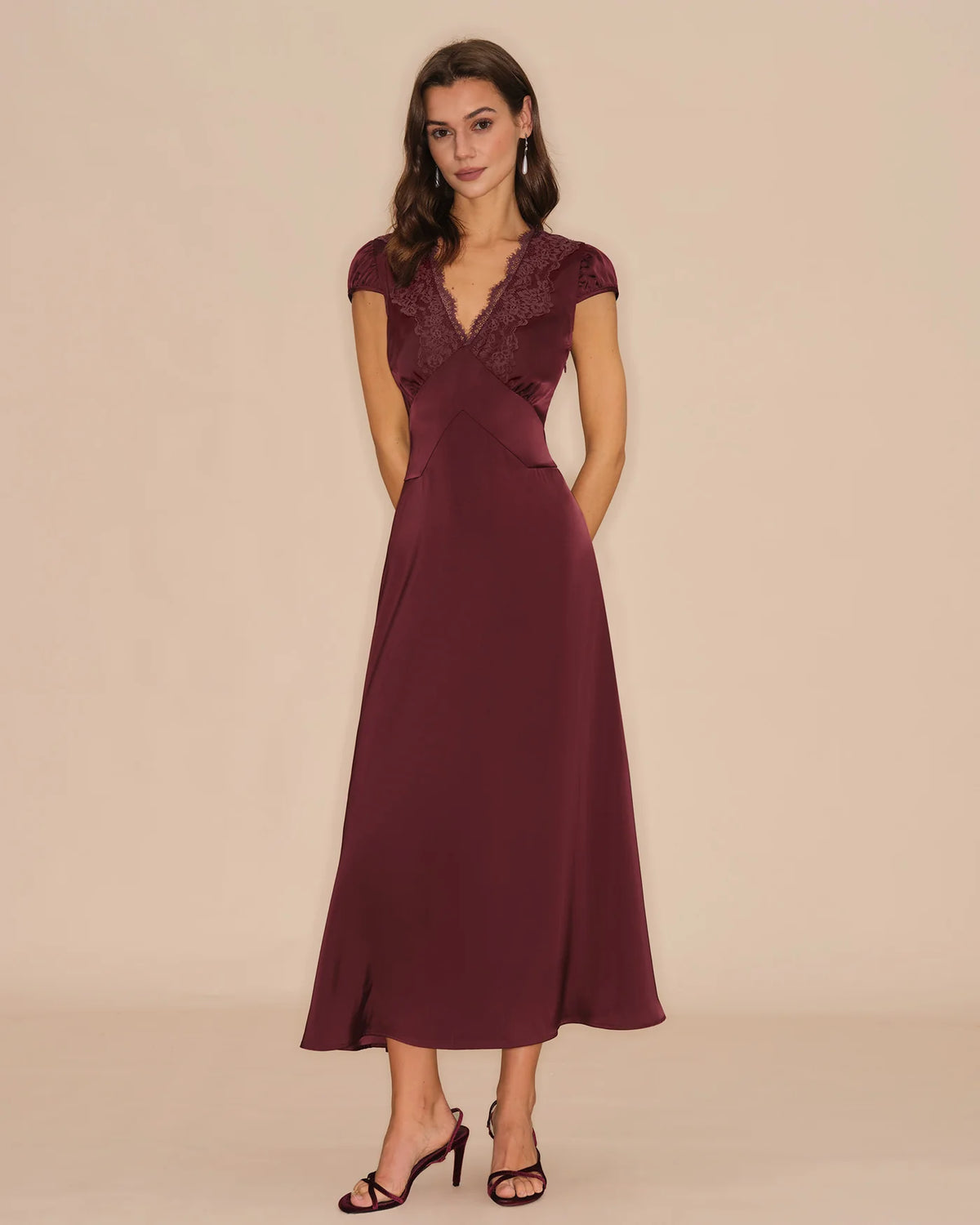 Burgundy Satin and Lace A-line V-neck V-back with Tie Midi Dress - Aabei Dress