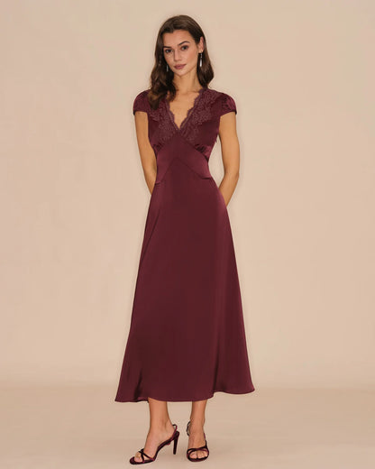 Burgundy Satin and Lace A-line V-neck V-back with Tie Midi Dress - Aabei Dress