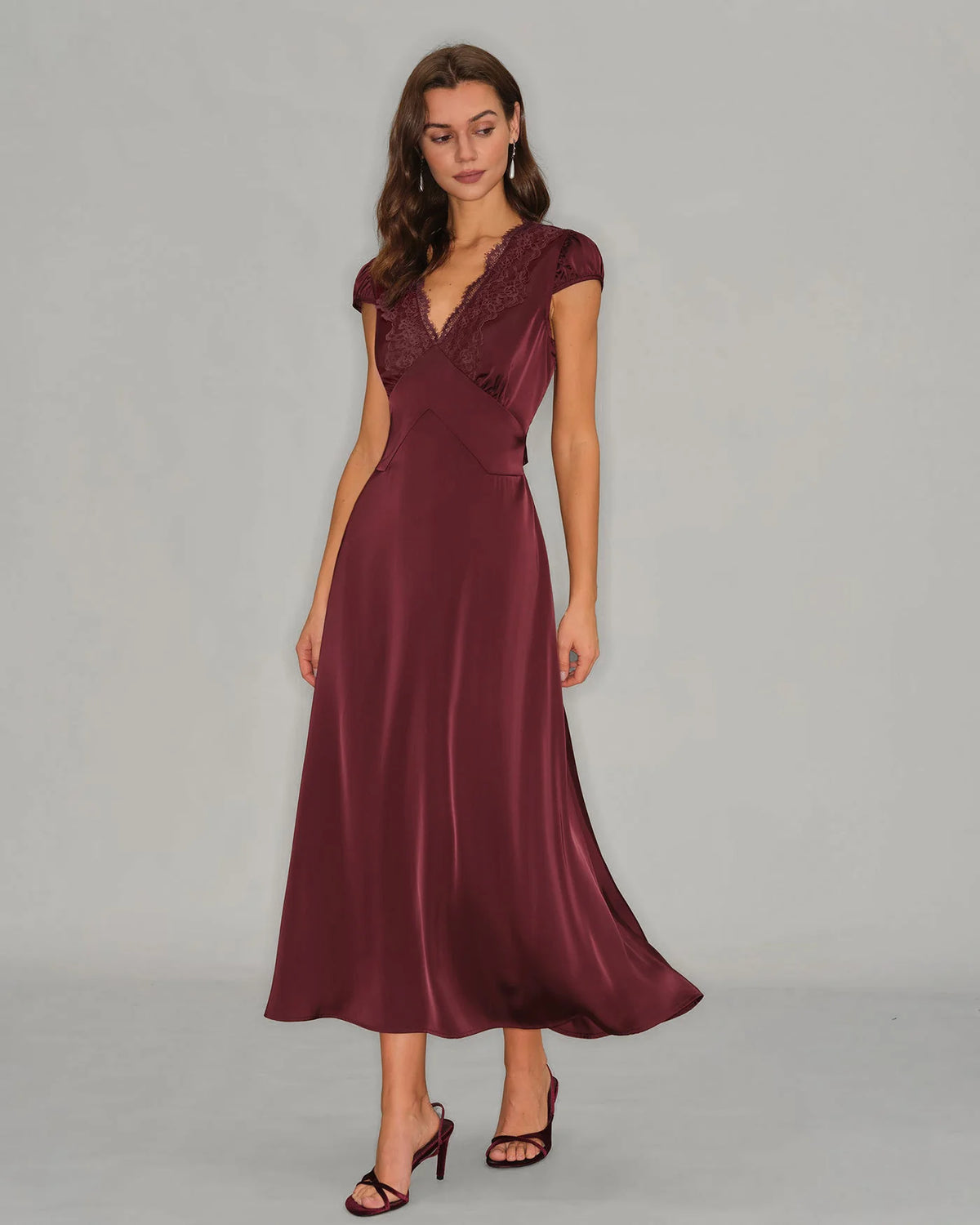 Burgundy Satin and Lace A-line V-neck V-back with Tie Midi Dress - Aabei Dress