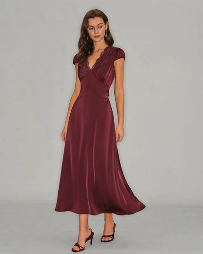 Burgundy Satin and Lace A-line V-neck V-back with Tie Midi Dress - Aabei Dress