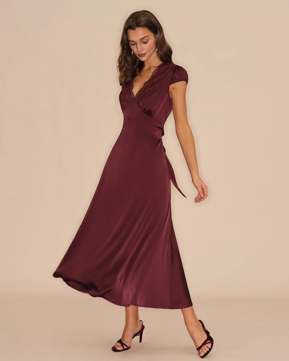 Burgundy Satin and Lace A-line V-neck V-back with Tie Midi Dress - Aabei Dress