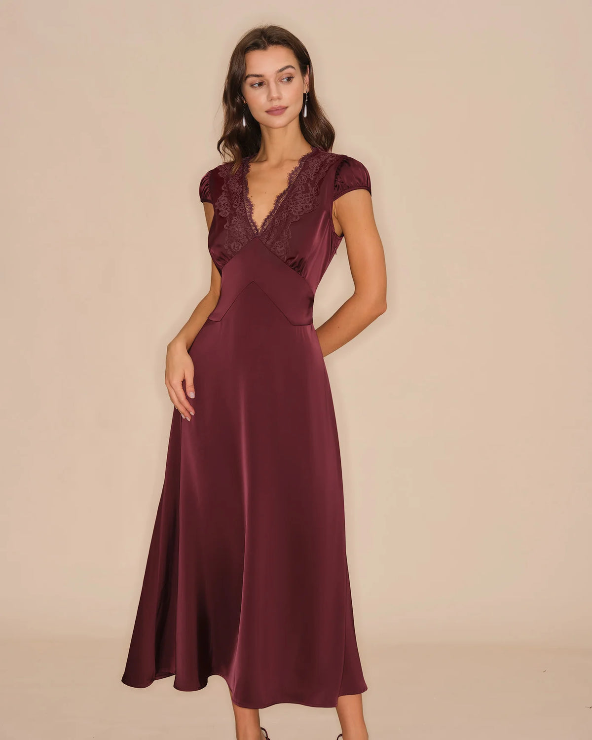 Burgundy Satin and Lace A-line V-neck V-back with Tie Midi Dress - Aabei Dress