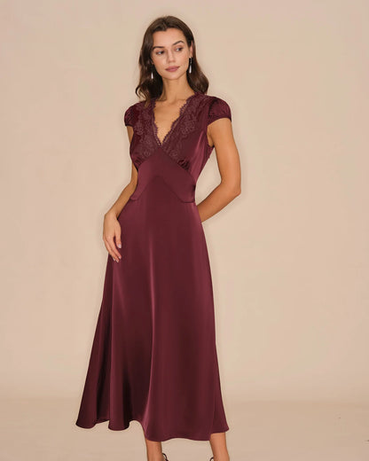 Burgundy Satin and Lace A-line V-neck V-back with Tie Midi Dress - Aabei Dress