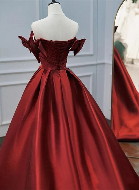 Burgundy Satin ball-gown off-the-shoulder lace-up-back floor-length Dress Back View - Aabei Dress