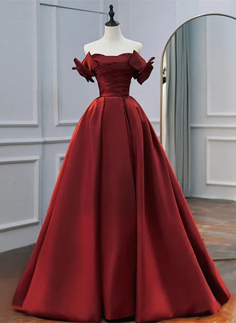 Burgundy Satin ball-gown off-the-shoulder lace-up-back floor-length Dress Front View - Aabei Dress