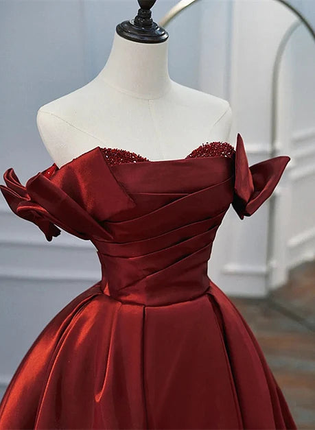 Burgundy Satin ball-gown off-the-shoulder lace-up-back floor-length Dress - Aabei Dress