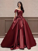 Burgundy Satin ball-gown off-the-shoulder zipper-back floor-length Dress Front View - Aabei Dress