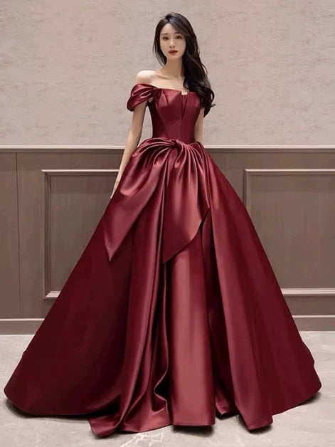 Burgundy Satin ball-gown off-the-shoulder zipper-back floor-length Dress Front View - Aabei Dress