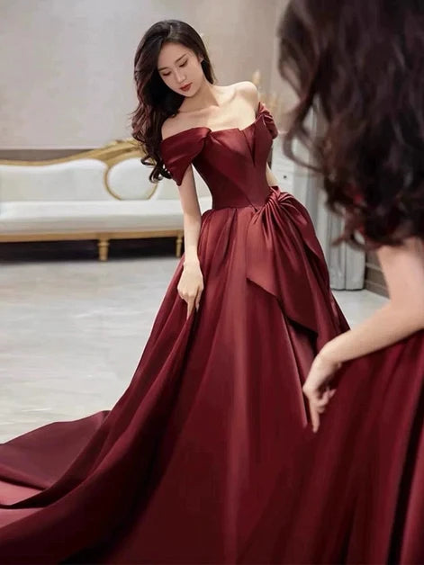 Burgundy Satin ball-gown off-the-shoulder zipper-back floor-length Dress - Aabei Dress