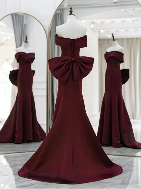 Burgundy Satin mermaid off-the-shoulder lace-up-back floor-length Dress Back View - Aabei Dress