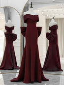 Burgundy Satin mermaid off-the-shoulder lace-up-back floor-length Dress Front View - Aabei Dress